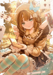Rule 34 | 1girl, absurdres, aqua thighhighs, autumn, blurry, blurry background, blurry foreground, book, breasts, brown dress, brown hair, card, commentary request, dress, english text, feet out of frame, frilled dress, frills, green eyes, hair rings, hat, head tilt, highres, holding, holding book, komorihikki, long hair, long sleeves, looking at viewer, medium breasts, original, outdoors, playing card, sitting, smile, star (symbol), striped clothes, striped thighhighs, thighhighs, very long hair, white headwear, white thighhighs
