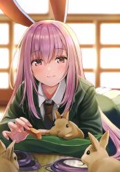 Rule 34 | 1girl, absurdres, animal ears, backlighting, banned artist, blurry, blurry background, blush, rabbit, carrot, food, highres, holding, holding food, holding vegetable, indoors, light smile, long hair, looking at viewer, lying, non-web source, on stomach, purple eyes, purple hair, rabbit ears, reisen udongein inaba, scan, solo, touhou, upper body, vegetable, very long hair, yuuka nonoko