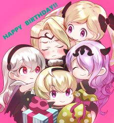 2boys 3girls bavaa black_hairband box camilla_(fire_emblem) corrin_(female)_(fire_emblem) corrin_(fire_emblem) elise_(fire_emblem) fire_emblem fire_emblem_fates gift gift_bag gift_box grey_hair hair_between_eyes hairband happy_birthday highres leo_(fire_emblem_fates) long_hair multiple_boys multiple_girls nintendo pointy_ears purple_eyes purple_hair red_eyes siblings smile xander_(fire_emblem)