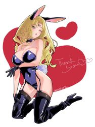 Rule 34 | 1girl, animal ears, bare shoulders, blonde hair, breasts, cleavage, full body, gloves, highres, leotard, long hair, looking at viewer, one eye closed, opera vectra, rabbit ears, rabbit tail, simple background, solo, sowasan (sowasowa), star ocean, star ocean the second story, strapless, strapless leotard, tail, thighhighs, third eye, white background, yellow eyes