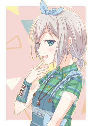 Rule 34 | 1girl, aoba moca, aqua eyes, arm warmers, bang dream!, blue bow, blue ribbon, bow, collared shirt, e20, earrings, frills, from side, green shirt, grey hair, hair ribbon, hand to own mouth, heart, heart earrings, jewelry, looking at viewer, open mouth, outline, outside border, overalls, pendant, plaid, plaid shirt, ribbon, shirt, short hair, short sleeves, short twintails, smile, solo, twintails, upper body, yellow outline