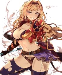 Rule 34 | 1girl, blonde hair, blue eyes, bra, braid, breasts, cleavage, fire, granblue fantasy, hair intakes, hair ornament, hairband, highres, kyuu (plastic night q), large breasts, long hair, looking at viewer, open mouth, panties, simple background, smile, solo, torn clothes, underwear, weapon, zeta (granblue fantasy)