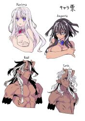 Rule 34 | 2boys, 2girls, armband, artist request, black armband, character name, character sheet, covering privates, covering breasts, dark-skinned female, dark-skinned male, dark skin, demon horns, english text, expressionless, highres, horns, jewelry, long hair, looking at viewer, multiple boys, multiple girls, muscular, muscular male, necklace, non-web source, nude, original, pointy ears, purple eyes, smile, white background, white hair