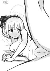 Rule 34 | 1girl, arm support, bad id, bad pixiv id, black ribbon, cleft of venus, fat mons, frown, greyscale, hair ribbon, konpaku youmu, konpaku youmu (ghost), leg up, looking to the side, monochrome, navel, nervous, nude, on floor, pussy, ribbon, shy, signature, sketch, solo, thighs, touhou, uncensored, white hair, yoshiwa tomo