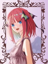 Rule 34 | 1girl, :d, blue eyes, blunt bangs, blush, border, breasts, butterfly hair ornament, commentary request, from side, go-toubun no hanayome, hair ornament, highres, looking at viewer, looking to the side, medium hair, nakano nino, open mouth, ornate border, outside border, purple background, purple shirt, red hair, shirt, sleeveless, sleeveless shirt, smile, solo, turning head, two side up, upper body, yosu ill