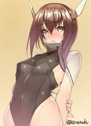 Rule 34 | 10s, 1girl, adapted costume, animal ears, arm grab, arms behind back, blush, breasts, brown eyes, brown hair, covered navel, embarrassed, fake animal ears, hair between eyes, headband, headgear, kantai collection, leotard, looking at viewer, playboy bunny, rabbit ears, short hair, simple background, small breasts, solo, taihou (kancolle), takeda aranobu