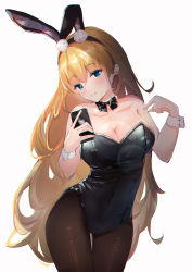 Rule 34 | 1girl, absurdres, animal ears, azur lane, black bow, black bowtie, black leotard, black pantyhose, blonde hair, blue eyes, bow, bowtie, breasts, cellphone, cleavage, detached collar, fake animal ears, highres, large breasts, leotard, long hair, north carolina (azur lane), north carolina (the heart&#039;s desire) (azur lane), official alternate costume, pantyhose, phone, playboy bunny, rabbit ears, simple background, solo, strapless, strapless leotard, usagi (786113654), white background, wrist cuffs