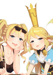 Rule 34 | 2girls, bare arms, bare shoulders, black-framed eyewear, blue dress, blue eyes, blush, braid, breasts, charlotta (granblue fantasy), cleavage, collarbone, commentary request, crown, dress, eyewear on headwear, granblue fantasy, harvin, index finger raised, long hair, medium breasts, mini crown, multiple girls, o (rakkasei), parted lips, pointy ears, puffy short sleeves, puffy sleeves, short sleeves, simple background, sunglasses, sunglasses on head, tongue, tongue out, twintails, v-shaped eyebrows, very long hair, white background, zeta (granblue fantasy)