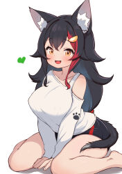 Rule 34 | 1girl, :d, absurdres, animal ear fluff, animal ears, arms between legs, barefoot, black hair, black shorts, blush, breasts, brown eyes, commentary request, hair ornament, heart, highres, hololive, kani bonara, large breasts, long hair, long sleeves, looking at viewer, multicolored hair, official alternate costume, ookami mio, ookami mio (casual), open mouth, paw print, red hair, shirt, shorts, simple background, sitting, smile, solo, streaked hair, tail, tail around own leg, very long hair, virtual youtuber, wariza, white background, white shirt, wolf ears, wolf girl, wolf tail