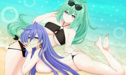 Rule 34 | 2girls, ahoge, ass, beach, bikini, black bikini, blush, breasts, cleavage, commentary request, commission, earrings, eyewear on head, feet, green hair, green heart (neptunia), hair between eyes, hand on another&#039;s ass, iris heart, jewelry, kagura ittou, kami jigen game neptune v, large breasts, long hair, looking at viewer, lying, multiple girls, neptune (series), o-ring, o-ring bikini, on stomach, pixiv commission, ponytail, power symbol, power symbol-shaped pupils, purple eyes, purple hair, red eyes, sidelocks, smile, soles, sparkle, sunglasses, swimsuit, symbol-shaped pupils, the pose, toes, untied bikini top, very long hair, water