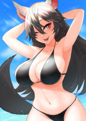 Rule 34 | 1girl, absurdres, animal ears, arm behind head, bikini, black bikini, blue sky, breasts, brown hair, cleavage, collarbone, groin, highres, imaizumi kagerou, ke-su, large breasts, long hair, looking at viewer, navel, one eye closed, open mouth, outdoors, red eyes, sky, solo, swimsuit, tail, touhou, wolf ears, wolf tail