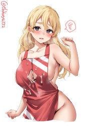 Rule 34 | 1girl, alternate costume, apron, blonde hair, blush, braid, breasts, brown eyes, cleavage, cleavage cutout, clothing cutout, collarbone, cowboy shot, cum, cum on body, cum on breasts, cum on clothes, cum on upper body, ebifurya, french braid, highres, kantai collection, large breasts, long hair, naked apron, one-hour drawing challenge, red apron, sideboob, solo, twitter username, wavy hair, white background, zara (kancolle)