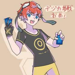 Rule 34 | aiba takumi, blue eyes, card, digimon, highres, looking at viewer, red hair, smile, solo
