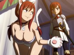 Rule 34 | animal ears, armor, breasts, cleavage, dual persona, erza scarlet, fairy tail, fake animal ears, gloves, kittysuit, large breasts, nontraditional playboy bunny, paw gloves, paws, red hair, screencap, stitched, sword, tail, tattoo, third-party edit, time parodox, weapon