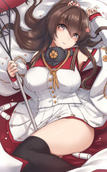 Rule 34 | 1girl, absurdres, black thighhighs, blush, breasts, brown eyes, brown hair, coat, flower, hair between eyes, hair flower, hair ornament, highres, kantai collection, kiritto, large breasts, long coat, long hair, long sleeves, open clothes, open coat, pink flower, pleated skirt, ponytail, skirt, solo, thighhighs, thighs, very long hair, white coat, white skirt, yamato (kancolle), yamato kai ni (kancolle)
