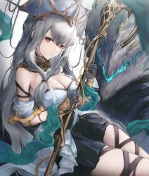 Rule 34 | 1girl, arknights, black gloves, black skirt, breasts, cleavage, cowboy shot, gloves, grey hair, hat, highres, holding, holding staff, large breasts, long hair, looking at viewer, masai no senshi, monster, official alternate costume, red eyes, shirt, skadi (arknights), skadi the corrupting heart (arknights), skadi the corrupting heart (sublimation) (arknights), skirt, solo, staff, thighs, very long hair, white hat, white shirt