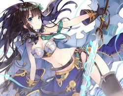Rule 34 | 10s, 1girl, armor, black thighhighs, breastplate, breasts, brown hair, cape, cleavage, commentary request, cowboy shot, fire, flower, frilled thighhighs, frills, gloves, granblue fantasy, green eyes, groin, hair flower, hair ornament, idolmaster, idolmaster cinderella girls, kyou hotaru, long hair, medium breasts, midriff, navel, necktie, shibuya rin, smile, solo, sword, thighhighs, twitter username, weapon