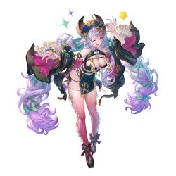 1girl alpha_transparency animal_ears black_panties blue_nails bow bow_legwear breasts cleavage fingernails full_body granblue_fantasy hair_between_eyes hair_ornament halloween_costume jiangshi large_breasts long_hair looking_at_viewer minaba_hideo nail_polish official_alternate_costume official_art ofuda one_eye_closed open_mouth panties pink_thighhighs purple_hair satyr_(granblue_fantasy) sharp_fingernails side-tie_panties smile solo string_panties thighhighs tongue tongue_out transparent_background underwear white_bow