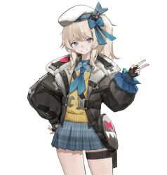Rule 34 | 1girl, beret, black bag, black gloves, black jacket, blonde hair, blue bow, blue eyes, blue neckerchief, blue skirt, bow, collared shirt, cowboy shot, fingerless gloves, fur-trimmed jacket, fur trim, girls&#039; frontline, girls&#039; frontline 2: exilium, gloves, grin, hair bow, hand on own hip, hand up, hat, heart, highres, jacket, long sleeves, looking at viewer, neckerchief, open clothes, open jacket, plaid, plaid skirt, pleated skirt, pouch, roupo99, shirt, sidelocks, simple background, skirt, smile, solo, sweater vest, thigh pouch, vepley (girls&#039; frontline 2), white background, white hair, yellow sweater vest