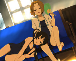 Rule 34 | 00s, 2girls, :t, akiyama mio, bad anatomy, bad feet, bad id, bad pixiv id, barefoot, bench, black eyes, black hair, blue upholstery, brown eyes, brown hair, couch, dutch angle, hand fan, feet, hairband, hot, k-on!, lap pillow, long hair, lying, motion blur, multiple girls, no pants, on side, one-piece swimsuit, open clothes, open shirt, ore deshita, paper fan, school swimsuit, school uniform, shirt, short hair, sitting, soles, sunlight, sweat, swimsuit, swimsuit under clothes, tainaka ritsu, toes, twintails, uchiwa