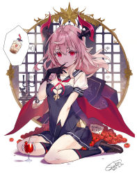 Rule 34 | 1girl, alcohol, bat wings, between legs, black dress, black gloves, black sailor collar, black socks, breasts, brown footwear, bubble tea, cleavage, commentary request, cup, dated, dress, drinking glass, drinking straw, finger to mouth, floating hair, gloves, hand up, highres, horns, kneehighs, loafers, long hair, looking at viewer, milk tea, neckerchief, original, parted lips, pink hair, pointy ears, red eyes, red neckerchief, sailor collar, sanbasou, shoes, short sleeves, sidelocks, signature, small breasts, socks, solo, sweat, thought bubble, tomato, vampire, wine, wine glass, wings