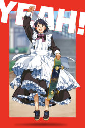Rule 34 | 1girl, apron, black hair, bow, bowtie, commentary, english commentary, english text, frilled skirt, frills, happy, holding, holding skateboard, jumping, maid, maid apron, maid headdress, original, shoes, skateboard, skirt, sneakers, solo, stairs, suzushiro (suzushiro333)