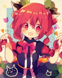 Rule 34 | 1girl, alternate costume, animal ears, black dress, blush, bow, braid, cat, cat ears, dress, heart, holding, holding own hair, kaenbyou rin, long hair, mina (sio0616), nekomata, open mouth, paw print, red hair, simple background, smile, solo, sparkle, touhou, twin braids
