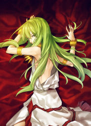 Rule 34 | 1boy, armlet, bracelet, cosplay, enkidu (fate), fate/strange fake, fate (series), green hair, jewelry, long hair, lots of jewelry, male focus, necklace, sindri, solo, toga