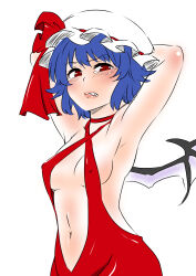 Rule 34 | 1girl, alternate costume, armpits, arms behind head, arms up, backless outfit, bat wings, blue hair, blush, breasts, commentary request, covered erect nipples, cowboy shot, criss-cross halter, dress, embarrassed, halterneck, hat, hat ribbon, highres, lips, looking at viewer, mob cap, navel, parted lips, red dress, red eyes, red ribbon, remilia scarlet, ribbon, shiraue yuu, short hair, sideboob, small breasts, solo, tearing up, teeth, touhou, white background, white hat, wings