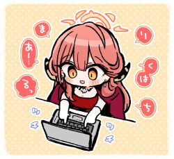 Rule 34 | 1girl, aru (blue archive), aru (dress) (blue archive), blue archive, blush, cabocha8, check translation, chibi, coat, commentary request, computer, demon horns, diamond necklace, dress, gloves, halo, horns, laptop, long hair, official alternate costume, open mouth, pink hair, red coat, red dress, solo, translation request, white gloves, yellow eyes