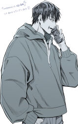 Rule 34 | 1boy, absurdres, cellphone, flip phone, fushiguro touji, greyscale, highres, holding, holding phone, hood, hoodie, jujutsu kaisen, lips, long sleeves, male focus, monochrome, open mouth, phone, scar, scar on face, scar on mouth, short hair, solo, talking on phone, teeth, upper body, upper teeth only, yofu (0042 2400)