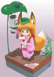 Rule 34 | 1girl, 3others, absurdres, animal ear fluff, animal ears, black eyes, blush, chouchin obake, closed mouth, commentary request, dated, dirt, flower, flower request, fox ears, fox tail, frog, geta, gradient background, grass, heart, highres, holding, holding flower, japanese clothes, kimono, lantern, leaf, leaf on head, leaf print, leaf umbrella, long hair, long sleeves, long tongue, looking at another, multiple others, obi, oonuma hiroshi, orange hair, original, paper lantern, pink kimono, plant, print kimono, sash, short eyebrows, signature, simple background, skull, solo focus, standing, tail, thick eyebrows, tongue, tongue out, traditional youkai, yellow eyes