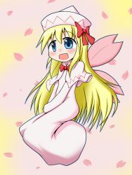 Rule 34 | 1girl, :d, blonde hair, blue eyes, bow, bowtie, capelet, cherry blossoms, dress, fairy wings, gradient background, hair bow, hat, lily white, long sleeves, open mouth, rakugaki-biyori, smile, solo, touhou, white dress, wings