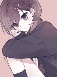Rule 34 | 1girl, arm around leg, black socks, black sweater, braid, brown background, brown eyes, brown hair, cropped legs, expressionless, hair between eyes, hand on own cheek, hand on own face, hashtag-only commentary, light blush, looking at viewer, medium hair, project sekai, quzie, shinonome ena, short twintails, single braid, socks, solo, sweater, twintails