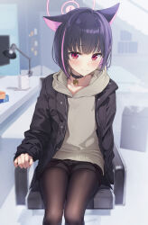 Rule 34 | 1girl, alternate costume, animal ears, auui, black choker, black hair, black jacket, black pantyhose, black shorts, blue archive, blurry, blurry background, blush, brown hoodie, cat choker, cat ears, cat girl, choker, closed mouth, commentary request, desk, desk lamp, halo, highres, hood, hood down, hoodie, indoors, jacket, kazusa (blue archive), lamp, long sleeves, looking at viewer, multicolored hair, on chair, open clothes, open jacket, pantyhose, pink hair, pink halo, puffy long sleeves, puffy sleeves, red eyes, short hair, shorts, smile, solo, streaked hair