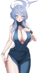Rule 34 | 1girl, absurdres, ako (blue archive), ako (dress) (blue archive), bare shoulders, blue archive, blue dress, blue eyes, blue hair, blue halo, blush, bracelet, breasts, cleavage, commentary, dress, fingernails, halo, highres, hogemi, jewelry, large breasts, looking at viewer, medium hair, nail polish, official alternate costume, open mouth, plunging neckline, purple nails, side slit, sideboob, sideless dress, sideless outfit, simple background, solo, white background