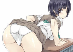 Rule 34 | 1girl, ass, bent over, black hair, blush, bob cut, brown eyes, brown skirt, clothes lift, commentary, desk, eyebrows, from behind, hip focus, leaning on object, looking back, nagayori, original, panties, parted lips, pleated skirt, school uniform, serafuku, short hair, simple background, skirt, skirt lift, solo, tears, teeth, thighs, trefoil, underwear, white background, white panties
