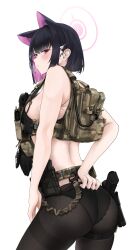 Rule 34 | 1girl, animal ears, armpit crease, ass, black hair, black panties, black pantyhose, blue archive, breasts, breath, camouflage, cat ears, colored inner hair, from behind, fte (fifteen 199), gun, hair ornament, hairclip, halo, handgun, highres, holster, kazusa (blue archive), looking at viewer, looking back, medium breasts, multicolored hair, panties, pantyhose, parted lips, pink hair, red eyes, short hair, simple background, solo, sweat, tactical clothes, two-tone hair, underwear, weapon, white background