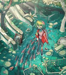 Rule 34 | 1girl, backpack, bag, can, carles dalmau, drink can, exposed brain, fish, highres, original, partially submerged, ruins, shirt, shopping cart, short hair, soda can, solo, striped clothes, striped shirt, tree, wading, water, zombie