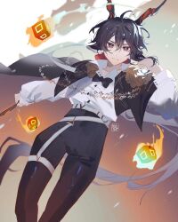Rule 34 | 1boy, animal ears, arknights, belt, black bow, black bowtie, black cape, black hair, black pants, bow, bowtie, cape, chain, closed mouth, commentary, cube, ebenholz (arknights), ebenholz (eine variation) (arknights), english commentary, epaulettes, expressionless, feet out of frame, floating, floating object, goat boy, goat ears, goat horns, hair between eyes, hair bow, hair flip, high-waist pants, highres, holding, holding wand, horns, long hair, long sleeves, looking at viewer, low ponytail, male focus, milktea543, official alternate costume, pants, popped collar, purple eyes, red bow, shirt, solo, very long hair, wand, white background, white belt, white shirt, yellow pupils