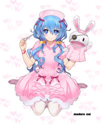 Rule 34 | 1girl, artist name, blue eyes, blue hair, bow, date a live, digital thermometer, dress, full body, hair between eyes, hair bobbles, hair bow, hair ornament, hair over shoulder, hat, holding, holding thermometer, long hair, looking at viewer, madara sai, nurse, nurse cap, pantyhose, parted lips, pink dress, red bow, short dress, short sleeves, sitting, smile, solo, thermometer, very long hair, wariza, white background, white pantyhose, yoshino (date a live), yoshinon