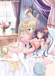 Rule 34 | 2girls, absurdres, artist request, babydoll, bed, bed sheet, blonde hair, book, breasts, cleavage, curtains, drill, ebiten (manga), flower, green eyes, hat, highres, indoors, iseda yuka, long sleeves, lying, medium breasts, multiple girls, official art, on back, on bed, ooba hasumi, pajamas, panties, pillow, plant, potted plant, purple hair, purple panties, ribbon, see-through, small breasts, thighhighs, underwear, vase, white legwear, window, wrist cuffs, wristband, yuri