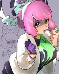 Rule 34 | 1girl, bracelet, breasts, collared shirt, creatures (company), drill hair, dynamax band, eyeshadow, flipped hair, fur jacket, game freak, gloves, hairband, highres, jacket, jewelry, klara (pokemon), large breasts, makeup, medium breasts, mole, mole under mouth, nintendo, pink eyeshadow, pink hair, pink lips, pokemon, pokemon swsh, print shirt, purple eyes, purple shorts, raised eyebrows, ring, shaded face, shirt, short hair, shorts, side slit, side slit shorts, single glove, solo, twin drills, upper body, white hairband, white jacket, yeah imo64