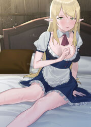 Rule 34 | 1girl, apron, areola slip, bed, blonde hair, blue dress, clenched hand, cropped legs, detached collar, dress, feet out of frame, frilled dress, frills, green eyes, knees, legs, light frown, long hair, open mouth, original, pillow, pointy ears, sidelocks, signature, sitting, subachi, sweat, waist apron