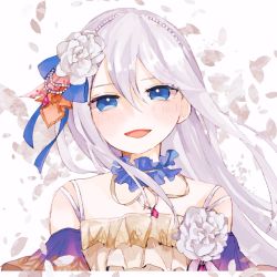 Rule 34 | 1girl, blue eyes, blush, flower, hair between eyes, hair flower, hair ornament, highres, jewelry, long hair, looking at viewer, necklace, nekojita (nkzt21), official alternate costume, open mouth, project sekai, silver hair, smile, solo, very long hair, white flower, yoisaki kanade