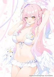 Rule 34 | 1girl, apple caramel, arm behind head, arm up, armpits, bare shoulders, bikini, blue archive, blush, breasts, cleavage, collarbone, commentary, feathered wings, hair bun, hair ornament, hair scrunchie, halo, highres, large breasts, long hair, looking at viewer, low wings, mika (blue archive), navel, open mouth, pink hair, scrunchie, sidelocks, single side bun, smile, solo, swimsuit, thighs, white bikini, wings, yellow eyes