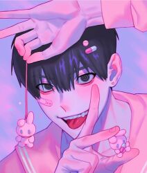 Rule 34 | 1boy, bandaid, bandaid on cheek, bandaid on face, black eyes, black hair, blush, earrings, gyuing666, hair ornament, highres, holding, jewelry, looking at viewer, male focus, original, pink shirt, shirt, short hair, simple background, smile, solo, tongue, tongue out