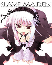 Rule 34 | 00s, 1girl, :p, black dress, black ribbon, breasts, choker, cleavage, collarbone, dress, frilled sleeves, frills, from above, hairband, illyasviel von einzbern, leaning forward, lolita hairband, long hair, long sleeves, oba kagerou, ooba kagerou, red eyes, ribbon, rozen maiden, sidelocks, simple background, solo, suigintou, tongue, tongue out, white background