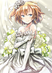 Rule 34 | 10s, 1girl, bare shoulders, blue eyes, blush, bow, braid, dress, earrings, elbow gloves, flower, gloves, hair bow, hair flower, hair ornament, jewelry, kosaka honoka, kuinji 51go, light particles, looking to the side, love live!, love live! school idol project, necklace, orange hair, pearl necklace, short hair, side braid, side ponytail, smile, solo, strapless, strapless dress, wedding dress