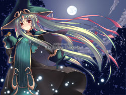 Rule 34 | 1girl, bird, bird on hand, brynhild schild, gloves, hair ribbon, long hair, moon, multicolored hair, night, owari no chronicle, red eyes, ribbon, shimakaze (soundz of bell), solo, two-tone hair, witch